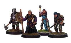 A group of four detailed miniatures representing classic adventurer character classes. On the left, a knight in armor holds a shield, followed by a robed figure with a book and staff. The third figure is a female illusionist in a blue dress with a staff, and on the right, a rugged fighter brandishes a sword. Each miniature is mounted on a round base with grass detailing.
