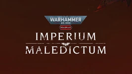 The image features the title "IMPERIUM MALEDICTUM" prominently displayed in bold, white lettering against a dark red background. Above the title, the "WARHAMMER 40,000" logo is showcased in a metallic blue and silver design, with the word "ROLEPLAY" highlighted in a red hexagon. The overall aesthetic conveys a sense of ominous grandeur, fitting for the Warhammer 40,000 universe.