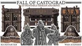 A collection of detailed 3D printable miniatures and terrain pieces from the "Fall of Castograd" Kickstarter campaign. The image features several miniatures, including spiky, armored figures wielding weapons, alongside various structures such as a fortified building and a landing platform, all designed in a grimdark aesthetic. The text "FALL OF CASTOGRAD 3D PRINTABLE TERRAIN AND MINIS" is prominently displayed at the top, emphasizing the campaign's focus on both miniatures and scenery.