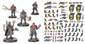 A detailed assortment of miniature components for tabletop gaming, featuring various weapons, arms, and heads designed for use in the Necromunda setting. The items include rifles, pistols, grenades, and melee weapons, alongside mechanical parts and accessories. The color scheme predominantly features black with yellow and green accents, showcasing a mix of futuristic and industrial designs suitable for character customization.