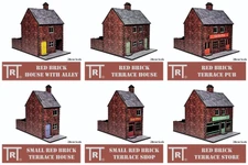 A collection of six 28mm scale MDF buildings is displayed, featuring a red brick design. The buildings include a "Red Brick House with Alley," "Red Brick Terrace House," "Red Brick Terrace Pub," "Small Red Brick Terrace House," "Small Red Brick Terrace Shop," and "Red Brick Terrace Store." Each building showcases distinct features, such as varying door colors and signage options, suitable for various historical genres.