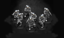 A group of six sci-fi miniatures, each wearing detailed space suits with reflective helmets, is arranged on circular bases. The figures are posed in various stances, some holding weapons while others appear to be gesturing or preparing for action. The miniatures are rendered in a monochromatic color scheme, highlighting their intricate designs and features.