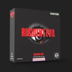 A black box featuring the title "RESIDENT EVIL" in bold red letters, with a stylized eye graphic in the center. Below the title, the text "DIRECTOR'S CUT KICKSTARTER EDITION" is displayed in orange, while "SURVIVAL HORROR" is highlighted in pink. The Capcom logo is positioned at the top right corner, and the Steamforged Games logo is located at the bottom left.