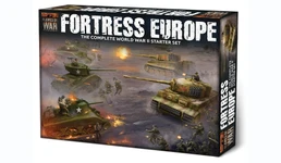 A box for the "Fortress Europe" starter set for the Flames Of War wargame prominently displays the title in bold, distressed lettering. The artwork features a dynamic battlefield scene with American and German forces, including tanks and soldiers engaged in combat. The background showcases a smoky, war-torn landscape, enhancing the theme of World War II wargaming.