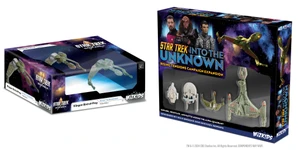 A boxed set titled "Star Trek: Into the Unknown - Rising Tensions Campaign Expansion" features a vibrant design with images of iconic characters, including Klingons and Federation officers. To the left, a separate box displays a cloaked starship model, labeled "Star Trek: The Next Generation - Cloaked Edition." The right side of the image showcases detailed miniatures of various starships, including a Klingon Bird-of-Prey and Federation vessels, emphasizing the game's focus on exploration and battle in the Alpha Quadrant.