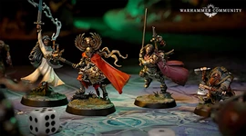 A trio of miniatures from the board game Warhammer Quest: Darkwater is displayed on a detailed game board. On the left, a character in a flowing red cloak wields a staff, while in the center, a heavily armored warrior brandishes a sword and shield, showcasing intricate details on their armor. To the right, a duardin ranger holds an axe and has a backpack filled with adventuring gear, all set against a richly colored background that enhances the fantasy theme.