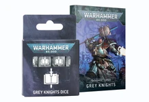 A pack of Grey Knights dice is displayed alongside a set of Grey Knights datasheet cards, both featuring the Warhammer 40,000 branding. The dice are predominantly grey with a white design, while the datasheet card pack showcases a striking illustration of a Grey Knights character in armor, wielding a weapon and surrounded by a dramatic background. The overall presentation emphasizes the thematic elements of the Grey Knights faction in the Warhammer 40,000 universe.