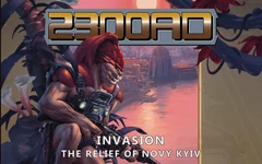 A humanoid alien with red skin and a distinctive crest is prominently featured, holding a futuristic weapon. The background depicts a sunset over a futuristic cityscape, hinting at a conflict zone. The title "2300AD" is displayed at the top, with the subtitle "INVASION: THE RELIEF OF NOVY KYIV" below, emphasizing the theme of the campaign.