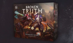 A box cover for "Grimdark Future: Broken Truth" features a dynamic illustration of two opposing factions: a menacing armored figure wielding a glowing weapon and a reptilian warrior in futuristic armor. The background showcases a chaotic battlefield with hints of advanced technology and dark, fiery colors. The title "BROKEN TRUTH" is prominently displayed at the top, with "GRIMDARK FUTURE" and "TWO PLAYER BATTLE BOX" at the bottom.