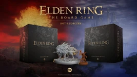 Two core boxes for the Elden Ring board game expansions, titled "Dominion of Rot" and "Machinations of the Witch," are prominently displayed. The "Dominion of Rot" box features a detailed, white wolf-like creature in the foreground, while the "Machinations of the Witch" box is positioned behind it, showcasing a character figure in a brown hue. The background features a dramatic gradient of red and blue, enhancing the fantasy theme, with the title "ELDEN RING: THE BOARD GAME - ROT & SORCERY" prominently featured at the top.