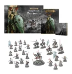 A collection of miniatures and game components from the Soulblight Gravelords Deathrattle Army Set is displayed. In the center, a mounted Wight King stands prominently, surrounded by five Barrow Knights and 20 Barrow Guard figures, all intricately detailed. The set also includes the Battletome: Soulblight Gravelords and a set of warscroll cards, with the packaging featuring dark, atmospheric artwork that complements the undead theme.