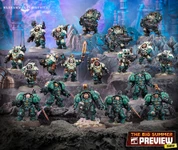 A group of miniature figures representing the Leagues of Votann stands prominently against a rocky, textured backdrop. The models are predominantly clad in teal and dark armor, showcasing various weapons and equipment, including guns and melee weapons. The scene features a mix of characters, including a central figure with a glowing sword, all arranged in a dynamic formation that highlights their unique designs and details.