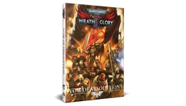 A physical edition of "Warhammer 40,000: Wrath & Glory, Vow of Absolution" is displayed, featuring a striking cover illustration. The artwork depicts Astartes warriors in battle, with one prominently wielding a sword and a banner, set against a fiery backdrop. The title "VOW OF ABSOLUTION" is clearly visible at the bottom, along with the "Wrath & Glory" logo at the top.