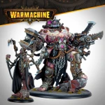 Exulon Nostilla, a Cephalyx psychic, stands on the left, adorned in dark robes with intricate mechanical details and glowing pink accents. Beside her is Aberration, a large, muscular monstrosity equipped with various mechanical enhancements and weapons, showcasing a mix of flesh and metal. Both figures are set against a neutral background, with the "WARMACHINE" logo prominently displayed at the top.