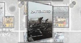 A game box for "RATTENKRIEG!" features a dramatic black-and-white image of two soldiers navigating through a war-torn landscape, emphasizing the game's focus on the Battle of Stalingrad. The title "RATTENKRIEG!" is prominently displayed in bold, white letters at the top, with the designer's name, Gottardo Zancanni, listed below. In the background, various game components, including counters and maps, are partially visible, hinting at the game's intricate mechanics and immersive experience.