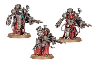 Three Myrmidon Destructor miniatures stand prominently, showcasing their imposing designs. Each figure features a combination of metallic armor and flowing red robes, with intricate mechanical details and various weaponry, including large energy cannons. The miniatures are posed dynamically, emphasizing their role as formidable combatants within the Mechanicum's martial forces.