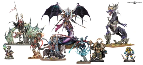 A collection of detailed miniatures from Games Workshop showcases a variety of characters. Prominently featured is a large, purple dragon-like creature adorned with armor and a regal headpiece, standing on a rocky base. Surrounding it are several other miniatures, including a skeletal figure with a glowing blue aura, a heavily armored Space Marine, and a smaller character in a mechanical suit, all displaying intricate designs and vibrant colors.