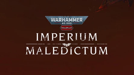 The image features the title "IMPERIUM MALEDICTUM" prominently displayed in bold, white lettering against a dark red background. Above the title, the "WARHAMMER 40,000" logo is showcased in a metallic blue and silver design, with the word "ROLEPLAY" highlighted in a red hexagon. The overall aesthetic conveys a sense of ominous grandeur, fitting for the Warhammer 40,000 universe.
