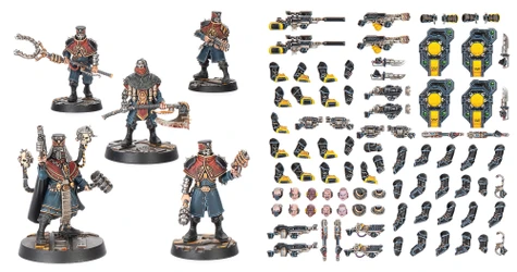 A detailed assortment of miniature components for tabletop gaming, featuring various weapons, arms, and heads designed for use in the Necromunda setting. The items include rifles, pistols, grenades, and melee weapons, alongside mechanical parts and accessories. The color scheme predominantly features black with yellow and green accents, showcasing a mix of futuristic and industrial designs suitable for character customization.