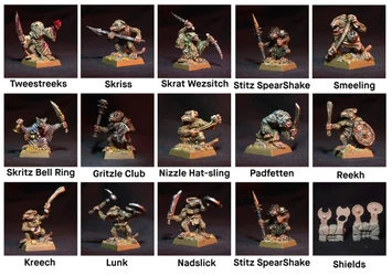 A collection of painted miniature figures, each depicting various goblin-like characters in dynamic poses. The figures are displayed in a grid format, showcasing their unique weapons and features, such as staffs, slings, and clubs. The background is dark, highlighting the detailed paintwork and textures of each miniature, with names labeled beneath each figure.