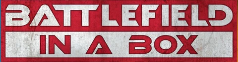 A bold graphic features the text "BATTLEFIELD IN A BOX" prominently displayed in large, stylized letters. The background is a textured red, contrasting with the white and silver elements of the text. The overall design conveys a strong, dynamic feel, suitable for a tabletop gaming context.