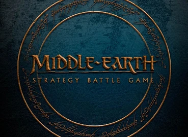 The image features the title "MIDDLE-EARTH STRATEGY BATTLE GAME" prominently displayed in a bold, stylized font, set against a textured dark blue background. Surrounding the title is a circular design that includes intricate, golden script, reminiscent of Tolkien's lore. The overall aesthetic conveys a sense of adventure and fantasy, aligning with the themes of the game.