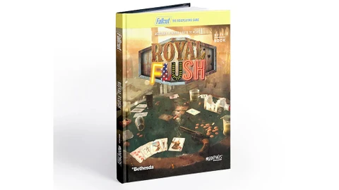 A hardback book titled "Royal Flush" from Fallout: The Roleplaying Game is prominently displayed, featuring a colorful cover with the title in bold letters and a backdrop of a gambling scene. The table is scattered with playing cards, poker chips, and glasses, suggesting a lively atmosphere. The top of the cover includes the Fallout logo and the subtitle "Accelerate & Defuse War in the Wasteland," indicating its thematic focus.