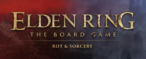 The image features the title "ELDEN RING: THE BOARD GAME" prominently displayed in a bold, metallic font, with the subtitle "ROT & SORCERY" beneath it. The background transitions from deep red to dark purple, evoking a sense of mystery and decay, while subtle textures suggest a fantastical landscape. The overall design reflects the themes of the Elden Ring universe, hinting at adventure and exploration.