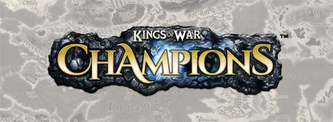 The logo for "Kings of War: Champions" features bold, stylized text with "KINGS OF WAR" in gold above "CHAMPIONS," which is highlighted in a bright blue against a textured black stone background. The design conveys a sense of fantasy and adventure, suitable for a tabletop gaming theme. The backdrop includes a faint map-like texture, suggesting a rich game world.