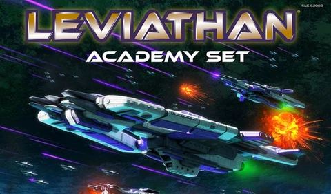 A dynamic space scene features several starships engaged in combat, with vibrant colors and explosive effects in the background. The foreground prominently displays the title "LEVIATHAN ACADEMY SET" in bold, stylized lettering. The ships are designed with intricate details, showcasing a futuristic aesthetic that reflects the game's theme of starship warfare.