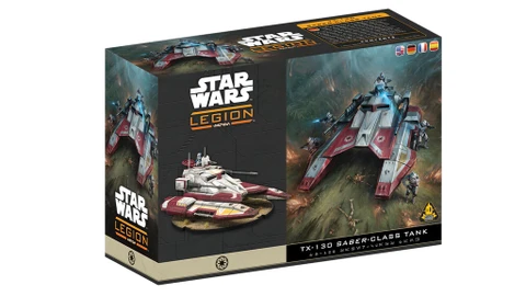 A box for the TX-130 Saber-class Tank expansion from Star Wars: Legion features a prominent illustration of the tank in action, showcasing its sleek design with red and white accents. The box also displays the miniature of the tank prominently on the front, alongside the game's logo and title. The background depicts a lush battlefield scene, enhancing the thematic elements of the Galactic Republic's military presence.