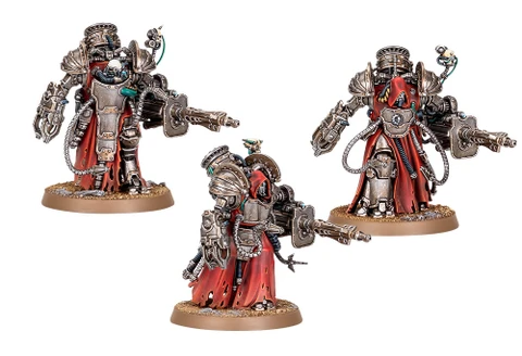 Three Myrmidon Destructor miniatures stand prominently, showcasing their imposing designs. Each figure features a combination of metallic armor and flowing red robes, with intricate mechanical details and various weaponry, including large energy cannons. The miniatures are posed dynamically, emphasizing their role as formidable combatants within the Mechanicum's martial forces.