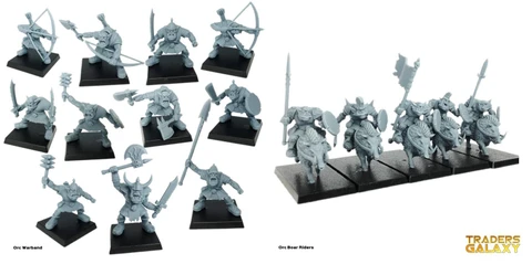 A collection of ten grey plastic orc miniatures is displayed on black bases, showcasing various poses and weapons. The orcs are equipped with a mix of weapons, including bows, swords, axes, and shields, highlighting their battle-ready stance. Each figure features distinct facial expressions and armor details, emphasizing their fierce and aggressive nature.