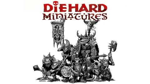 A group of orc and goblin miniatures stands prominently, showcasing a variety of characters in a detailed black and white illustration. The orcs are equipped with various weapons and armor, including a banner held by one figure, while goblins flank them, some wielding shields and spears. The title "DIE HARD Miniatures" is displayed at the top in bold, stylized lettering, adding to the overall fantasy theme of the image.