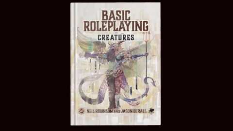 A hardcover book titled "Basic Roleplaying: Creatures" features an intricate cover illustration of a fantastical creature with a mix of human and animal traits, holding a trident. The creature has colorful wings and a detailed, textured body, set against a muted background with abstract patterns. The authors' names, Neil Robinson and Jason Durall, are displayed at the bottom of the cover.
