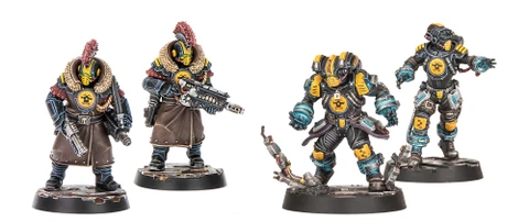 Three detailed miniatures from the Palanite Enforcer Captains & Sergeants set are displayed. The two figures on the left are heavily armored, wearing long coats with fur collars, and feature distinctive helmets with yellow visors and red mohawks. They are equipped with various weapons, including a large firearm, while the figure on the right appears to be a smaller character, possibly a cyber-mastiff, with a more intricate design. The bases of the miniatures are textured, enhancing their dynamic presentation.