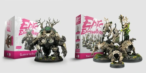 A detailed miniature of a large, menacing creature resembling a twisted tree stands prominently on the left, showcasing intricate textures and features like gnarled branches and a mossy base. To the right, the box for "Epic Encounters: Forest of the Damned" is displayed, featuring vibrant artwork and images of additional miniatures included in the set. The overall color scheme includes earthy tones, emphasizing the forest theme of the release.