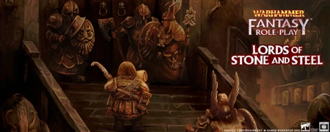 A group of dwarves is depicted in a dimly lit stone corridor, with one dwarf in the foreground facing the viewer, wearing a detailed armor and a large helmet. In the background, two other dwarves are engaged in conversation, one holding a shield and the other a weapon, suggesting a moment of preparation or strategy. The title "LORDS OF STONE AND STEEL" is prominently displayed, along with the "Warhammer Fantasy Role-Play" logo at the top.