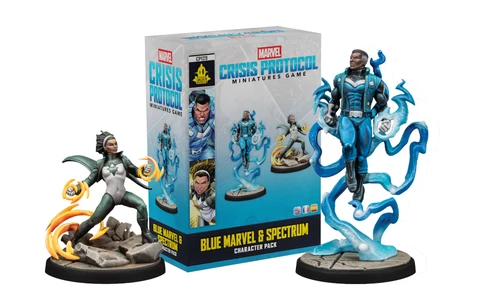 A character pack for the Marvel: Crisis Protocol game features two dynamic miniatures: Blue Marvel, depicted in a blue and black suit with energy effects around him, and Spectrum, shown in a black and white suit with a star emblem, holding an energy orb. The pack is displayed alongside its colorful box, which includes artwork of both characters and the title "BLUE MARVEL & SPECTRUM CHARACTER PACK." The background includes rocky terrain, enhancing the superhero theme.