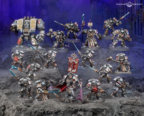 A detailed display of Black Templar miniatures showcases a variety of armored figures in silver and black, set against a dark, rocky backdrop. Prominent in the scene is a Venerable Dreadnought on the left, flanked by a mix of characters including the Emperor’s Champion, Bladeguard Veterans, and Sword Brethren, all wielding swords and other weapons. The figures are intricately painted, with some holding banners and others poised for battle, creating a dynamic and imposing presence.