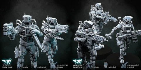 Three futuristic military robots are displayed in a dynamic arrangement, each featuring a slim, minimal steel frame with articulated joints. The robots are equipped with heavy assault rifles and one is holding a drone, showcasing a variety of poses and head designs. The models have a modernist aesthetic, suitable for settings in modern warfare, post-apocalyptic, cyberpunk, or sci-fi games, with a dark background enhancing their striking appearance.