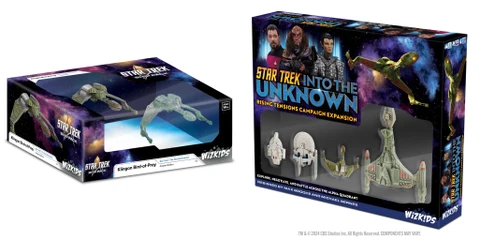 A boxed set titled "Star Trek: Into the Unknown - Rising Tensions Campaign Expansion" features a vibrant design with images of iconic characters, including Klingons and Federation officers. To the left, a separate box displays a cloaked starship model, labeled "Star Trek: The Next Generation - Cloaked Edition." The right side of the image showcases detailed miniatures of various starships, including a Klingon Bird-of-Prey and Federation vessels, emphasizing the game's focus on exploration and battle in the Alpha Quadrant.