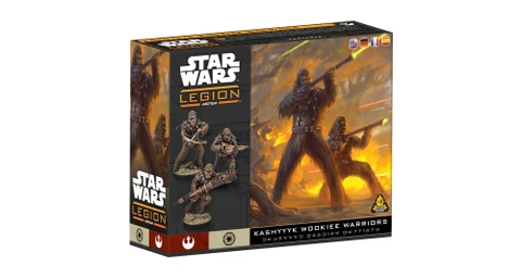 A box for the "Star Wars: Legion" game features a dynamic illustration of Kashyyyk Wookiee warriors in action, with two prominent Wookiees wielding blasters amidst a fiery backdrop. The left side of the box displays three detailed miniatures of Wookiee warriors, showcasing their distinctive fur and weaponry. The title "Kashyyyk Wookiee Warriors" is prominently displayed at the bottom, along with the game's branding and logos.