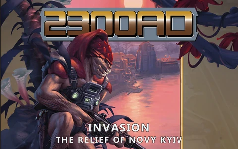 A humanoid alien with red skin and a distinctive crest is prominently featured, holding a futuristic weapon. The background depicts a sunset over a futuristic cityscape, hinting at a conflict zone. The title "2300AD" is displayed at the top, with the subtitle "INVASION: THE RELIEF OF NOVY KYIV" below, emphasizing the theme of the campaign.