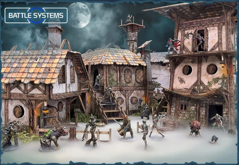 A detailed fantasy market square scene features various buildings, including a large inn and cottages, all designed with intricate textures and colors. Miniature figures, including skeletal warriors and a creature, are positioned throughout the scene, interacting with the environment. The backdrop includes a cloudy night sky with a prominent moon, enhancing the atmospheric setting.