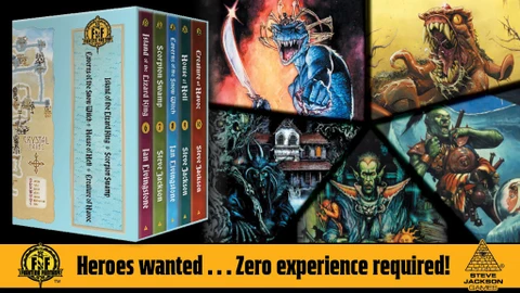 A collection of five Fighting Fantasy gamebooks is displayed, featuring titles such as "Island of the Lizard King," "Scorpion Swamp," "House of Hell," and "Creature of Havoc," with vibrant cover art showcasing fantastical creatures and scenes. The books are arranged in a colorful slipcase, with a map titled "Crystal Caves" visible on the left side. Below the books, bold text reads, "Heroes wanted . . . Zero experience required."