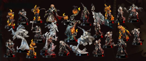 A collection of ten intricately designed miniatures from the Weird War I series is displayed against a dark background. The figures include a mix of undead and fantastical characters, such as a pumpkin-headed figure, a skeletal warrior, and a witch, all featuring dynamic poses and detailed sculpting. Each miniature showcases unique elements like flowing robes, weapons, and flame effects, emphasizing their dark fantasy theme, with the text "OCTOBER 2025" prominently featured at the top.