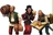 Three detailed miniatures are depicted, representing characters typically found in a fantasy tavern. On the left, a man carries a large barrel and two jugs, wearing a simple tunic and trousers. In the center, a woman in a vibrant red dress holds a goblet and smiles, adorned with jewelry. On the right, a bearded man with a backpack is reading from an open book, dressed in a light shirt and trousers.