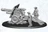 A detailed 3D-rendered miniature scene features a large artillery piece with a prominent barrel, supported by a wheeled base. Three muscular figures, dressed in casual attire and hats, are depicted interacting with the artillery; one is positioned on the cannon, while the others stand nearby, one holding a tool. The entire scene is set on a circular base, showcasing the intricate design of the artillery and the characters.