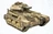 A detailed model of an armoured vehicle, resembling a tank, features a rugged design with a sandy beige color and various markings, including triangular symbols and a "V" emblem. The vehicle is equipped with multiple cannons on its turret and has a textured surface with rivets and hatches. It showcases a robust, militaristic aesthetic, suitable for a sci-fi tabletop gaming setting.